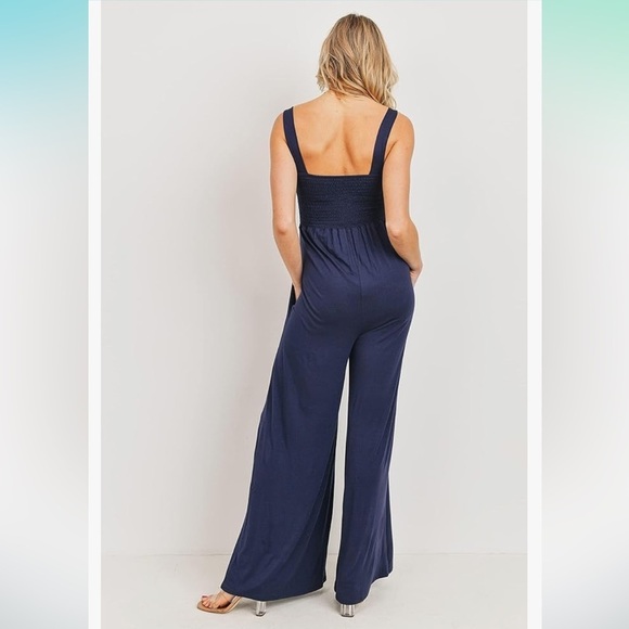 Hello MIZ Navy Smocked Square-Neck Wide-Leg Jumpsuit - Picture 3 of 4